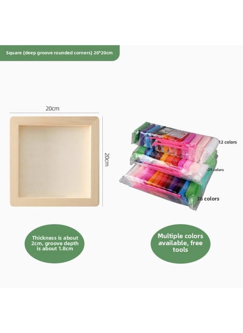 Clay Picture Frame Mounted Clay Handmade Diy Material Wooden Frame Color Mud Children's Creative Toy Works Display-Color:[ultra-light Clay-24 Colors]-Specifications:Square: Deep Groove Wooden Frame 20*20-rounded Corners