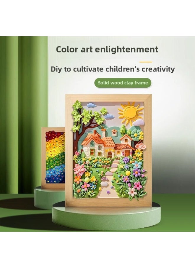 Clay Picture Frame Mounted Clay Handmade Diy Material Wooden Frame Color Mud Children's Creative Toy Works Display-Color:[ultra-light Clay-24 Colors]-Specifications:Square: Deep Groove Wooden Frame 20*20-rounded Corners