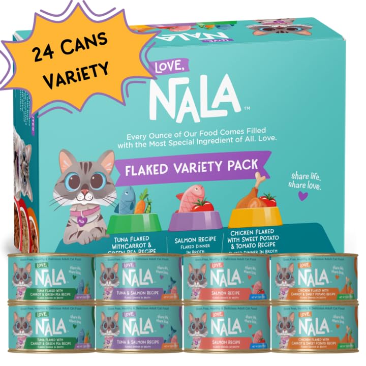 LOVE, NALA - FLAKED Fish & Chicken Variety Pack - 24 Pack- Natural Adult Cat Wet Food - Grain Free, Non-GMO, Lean Protein, Omega 3, Digestive Fiber, Added Minerals & Vitamins - Image 1