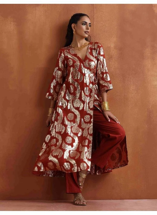 ترو برونز trueBrowns Rust Metallic Angrakha Kurta Set