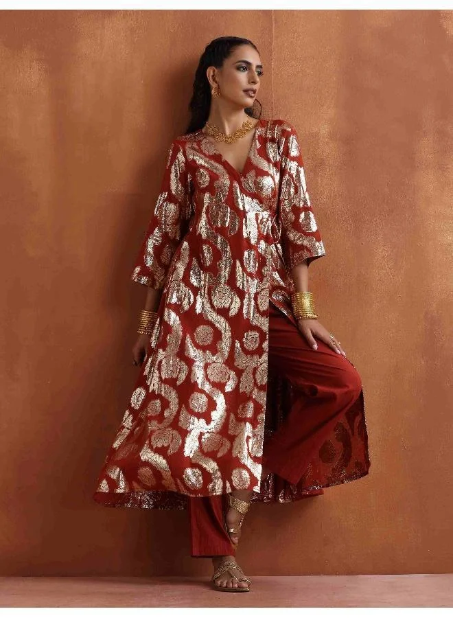 ترو برونز trueBrowns Rust Metallic Angrakha Kurta Set