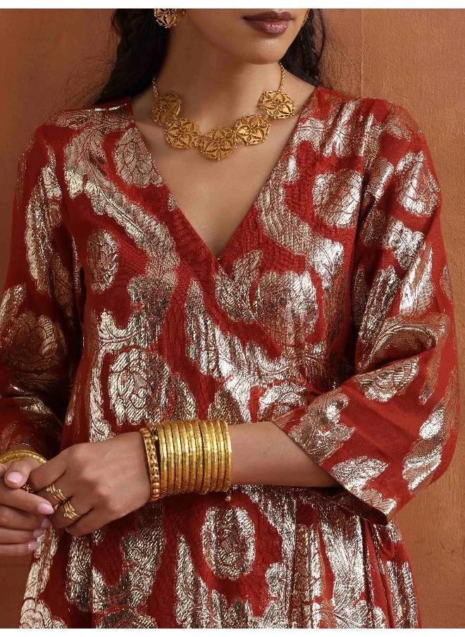 trueBrowns Rust Metallic Angrakha Kurta Set