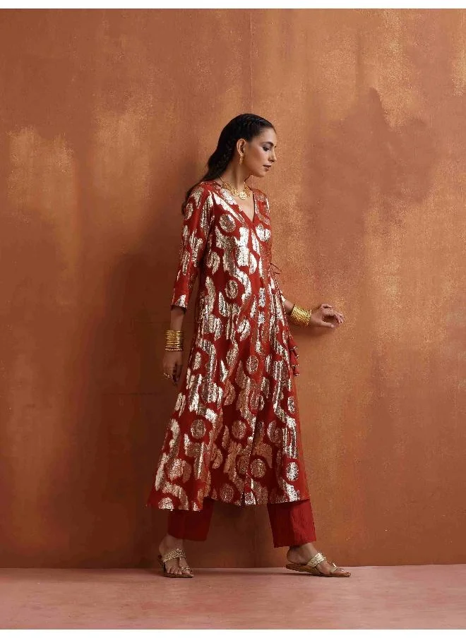 trueBrowns Rust Metallic Angrakha Kurta Set