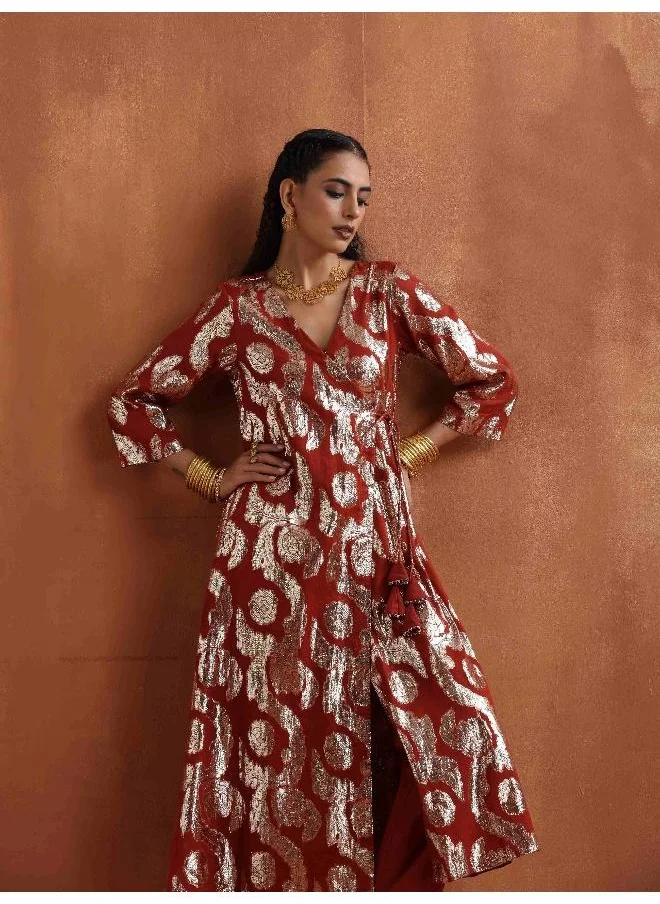 trueBrowns Rust Metallic Angrakha Kurta Set