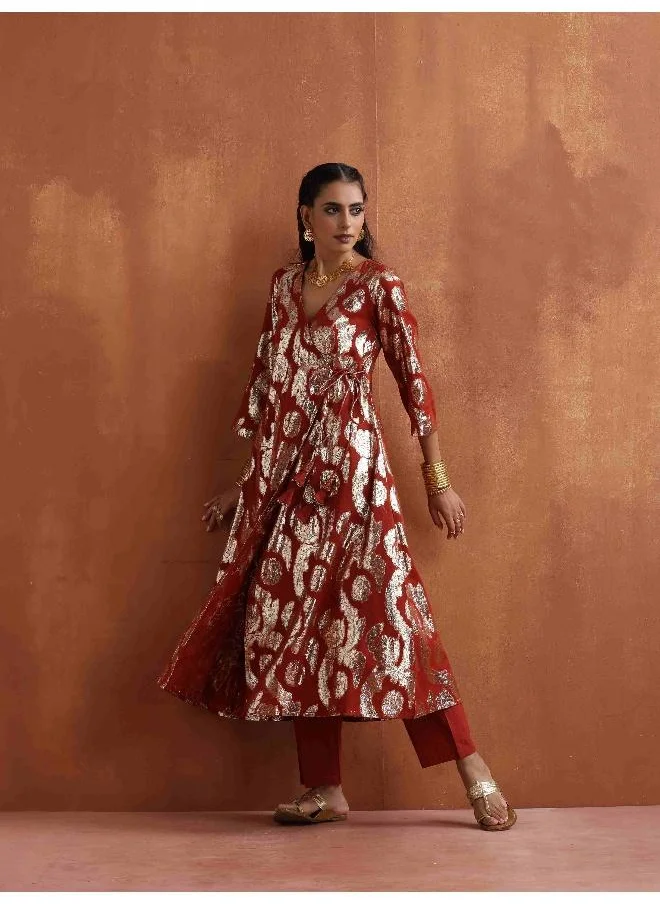 trueBrowns Rust Metallic Angrakha Kurta Set