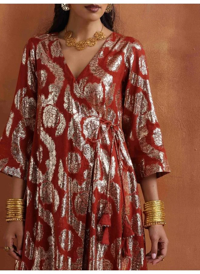 trueBrowns Rust Metallic Angrakha Kurta Set