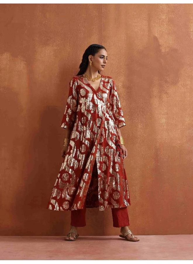 trueBrowns Rust Metallic Angrakha Kurta Set