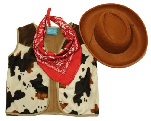 Making Believe Kids Western Rodeo Cowboy or Cowgirl Basic Costume Set - Vest, Brown Hat, Bandanna, Size 4/6 - Image 1