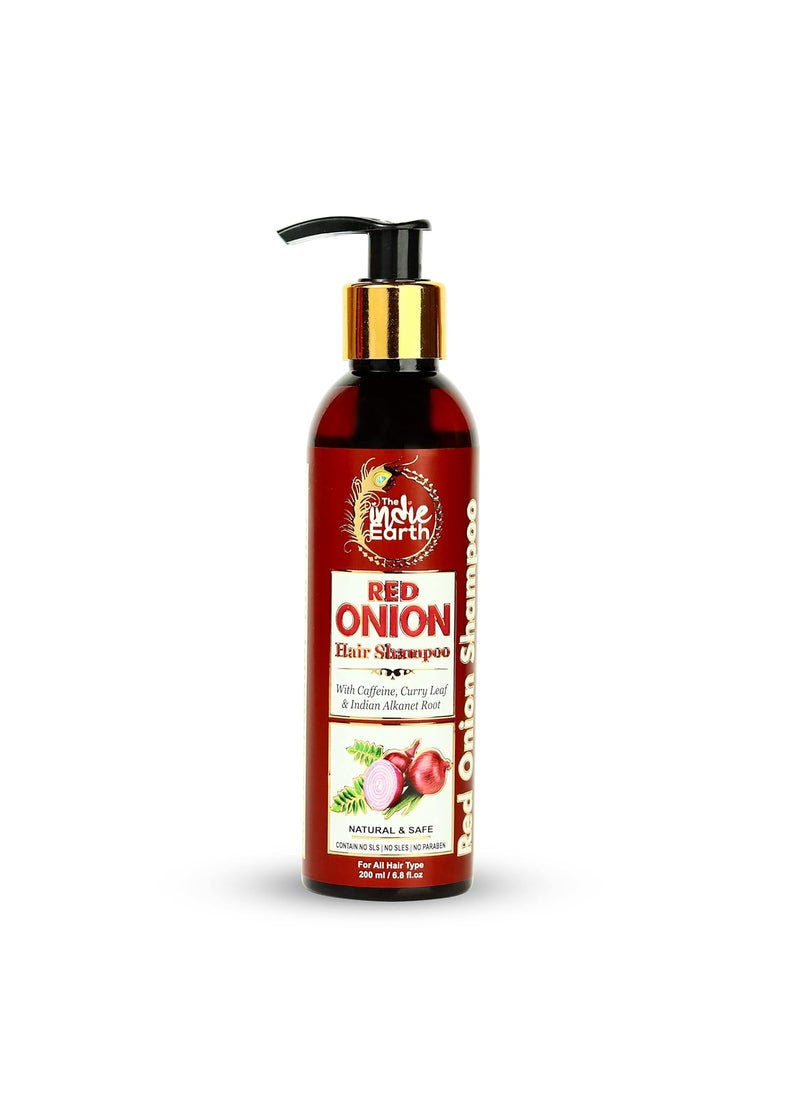 The Indie Earth Red Onion Shampoo with Caffeine, Curry Leaf, and Indian Alkanet Root – Advanced Formula for Hair Fall Control, Split Ends Repair, and Dandruff Reduction – Gentle & Chemical-Free – 200ml 