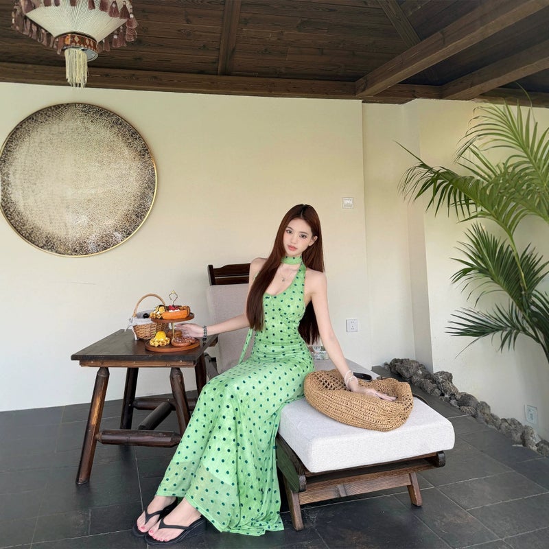 Green French Polka Dot Halter Neck Dress - Image 1