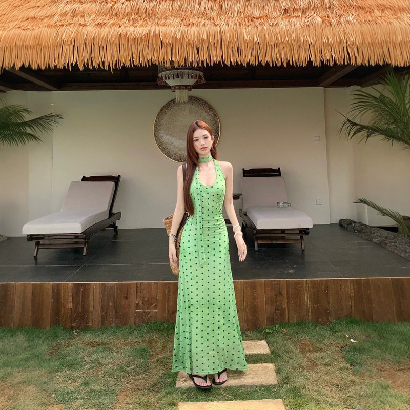 Green French Polka Dot Halter Neck Dress - Image 4