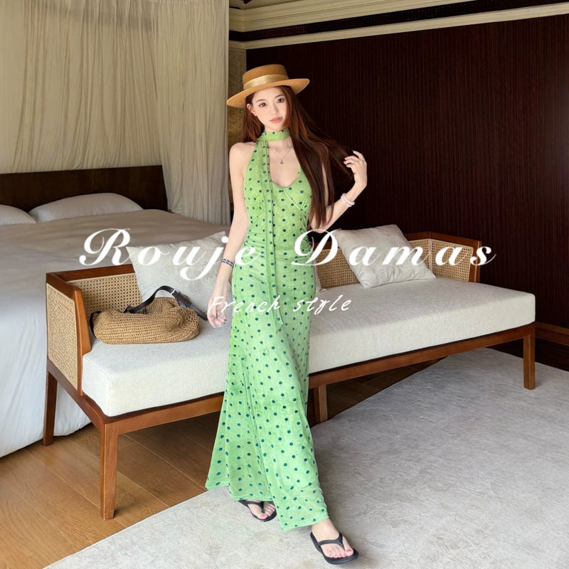 Green French Polka Dot Halter Neck Dress - Image 3