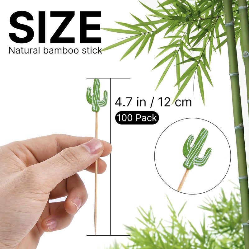 PuTwo Cocktail Picks Handmade Bamboo Toothpicks 100pcs 4.7” in Green Cacti - Image 2