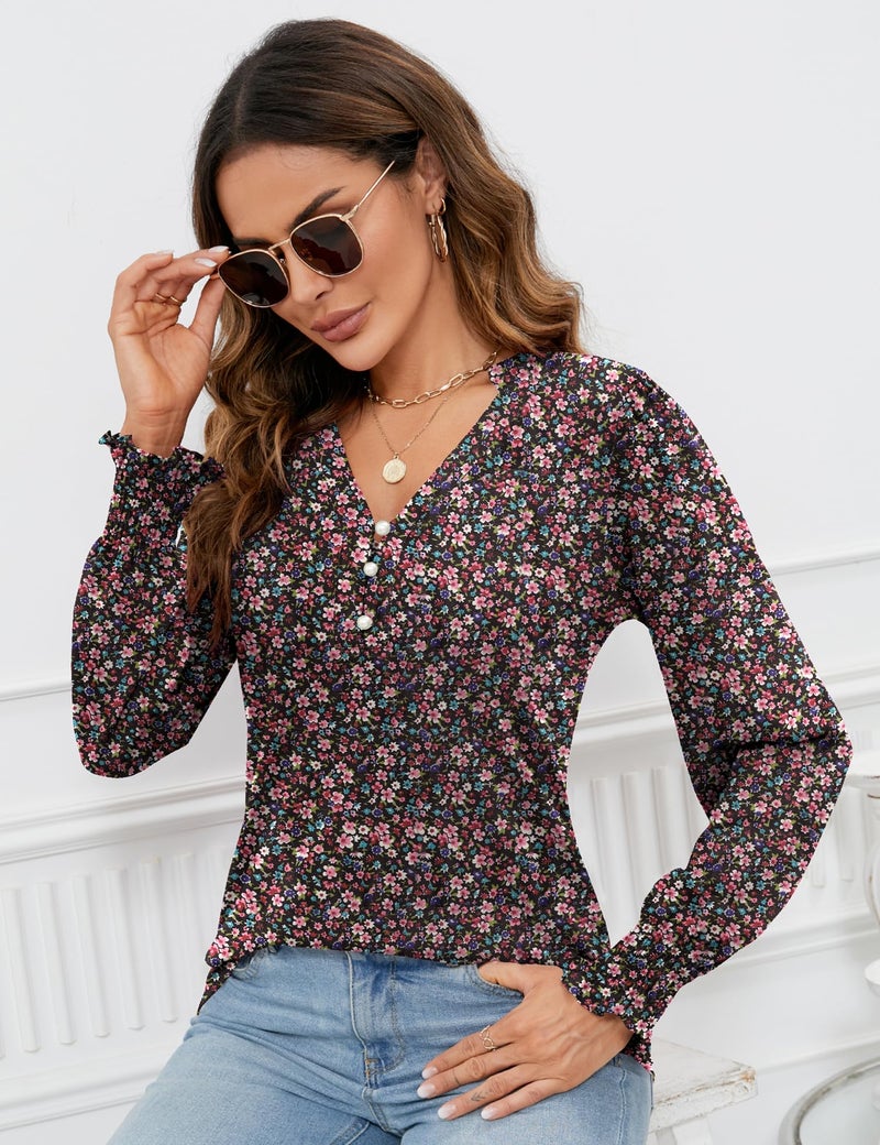 Rapbin Boho Tops Floral Shirts for Women Long Sleeve Vneck Slim Fitted Shirts Flower Blouses Black Red Floral M - Image 3