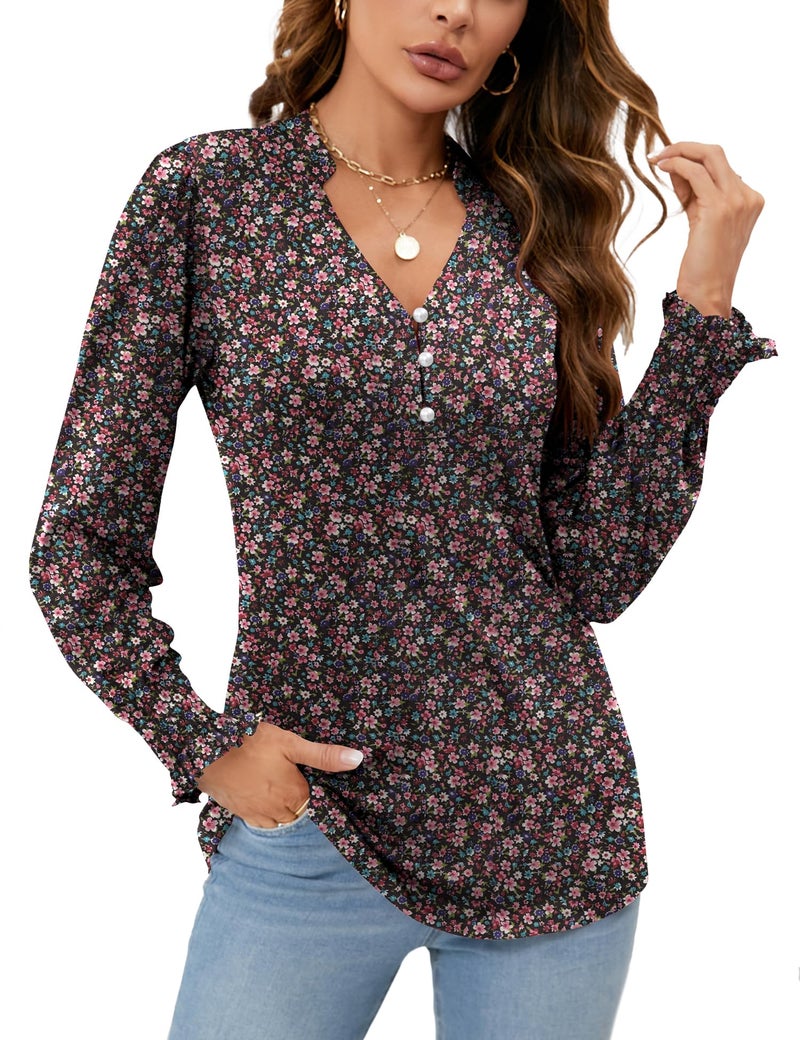 Rapbin Boho Tops Floral Shirts for Women Long Sleeve Vneck Slim Fitted Shirts Flower Blouses Black Red Floral M - Image 1