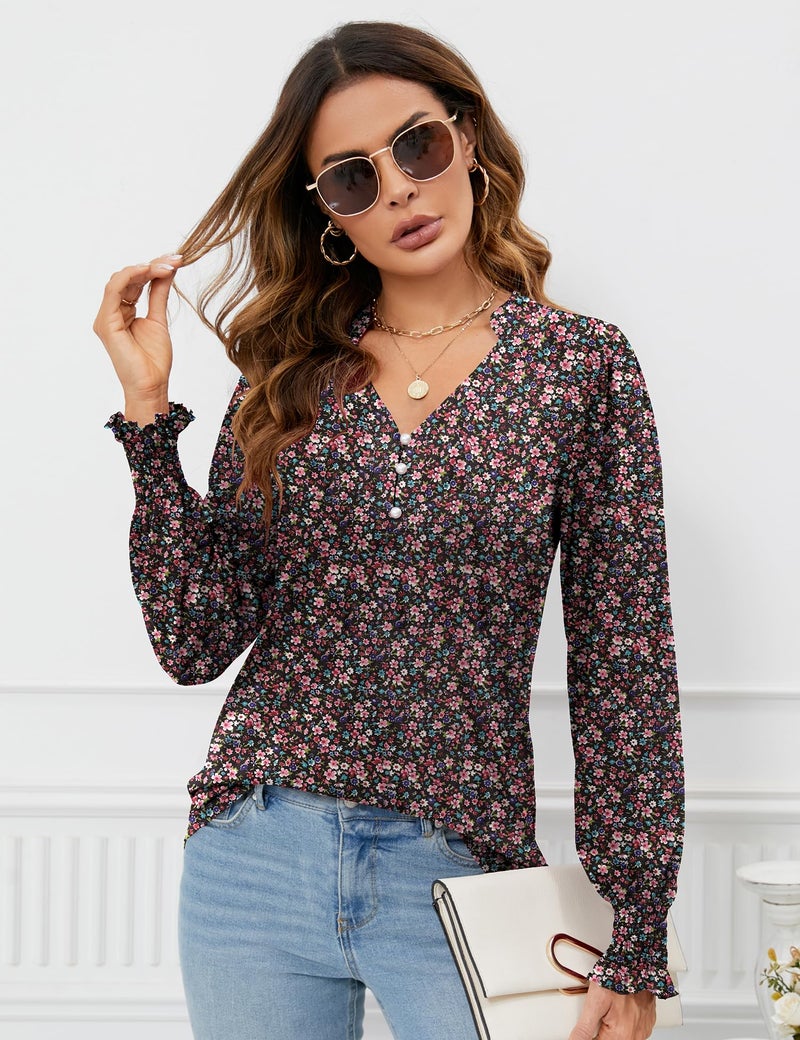 Rapbin Boho Tops Floral Shirts for Women Long Sleeve Vneck Slim Fitted Shirts Flower Blouses Black Red Floral M - Image 2