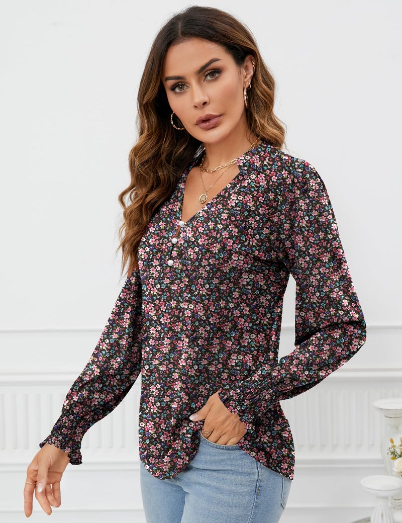 Rapbin Boho Tops Floral Shirts for Women Long Sleeve Vneck Slim Fitted Shirts Flower Blouses Black Red Floral M - Image 4