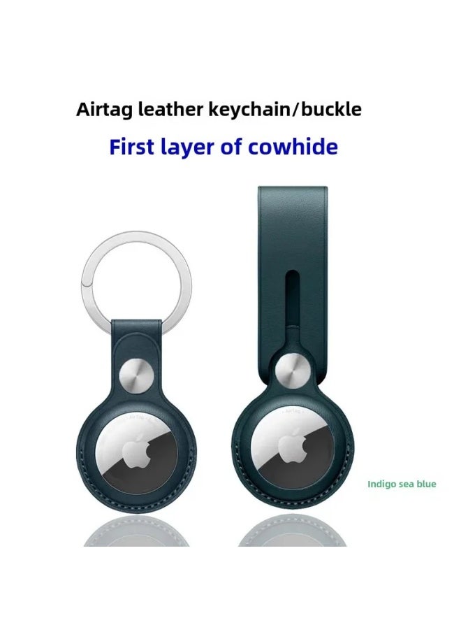Generic - Genuine Top Layer Cowhide Protective Cover For Apple AirTag Tracker Keychain Anti-Loss Device Luxury Leather Phone Case-Color:Indigo-leather Buckle - Image 1