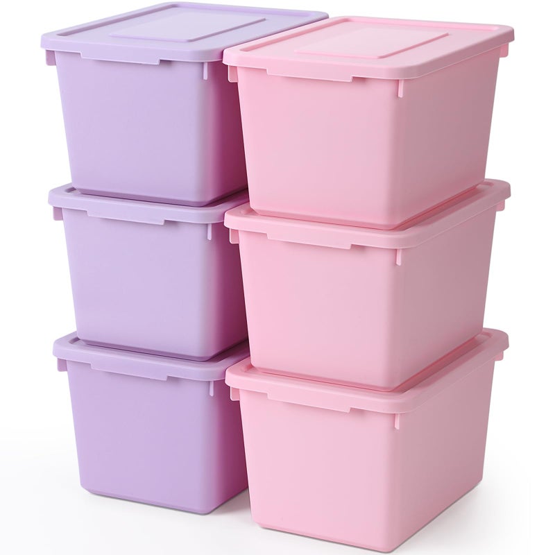 Potchen 6 Pack Cute Plastic Storage Bins with Snap Tight Lids Small Stackable Storage Boxes 9.8" Ã—7.3" Ã—5.7" Storing Totes for Organizing Craft Office Supplies (Pink,Purple) - Image 1