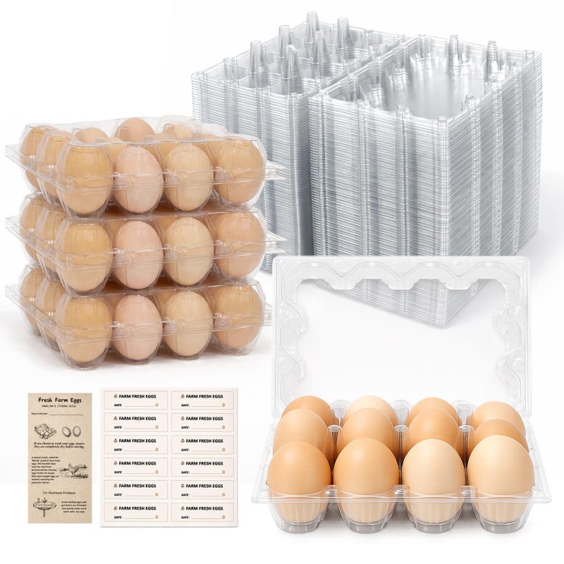 WIKDAY Plastic Egg Cartons 60 Pack 12 Count Cheap Bulk Clear Dozen Reusable Empty Egg Containers for Chicken Eggs Storage with Date Tracking Stickers Egg Care Instructions - Image 1