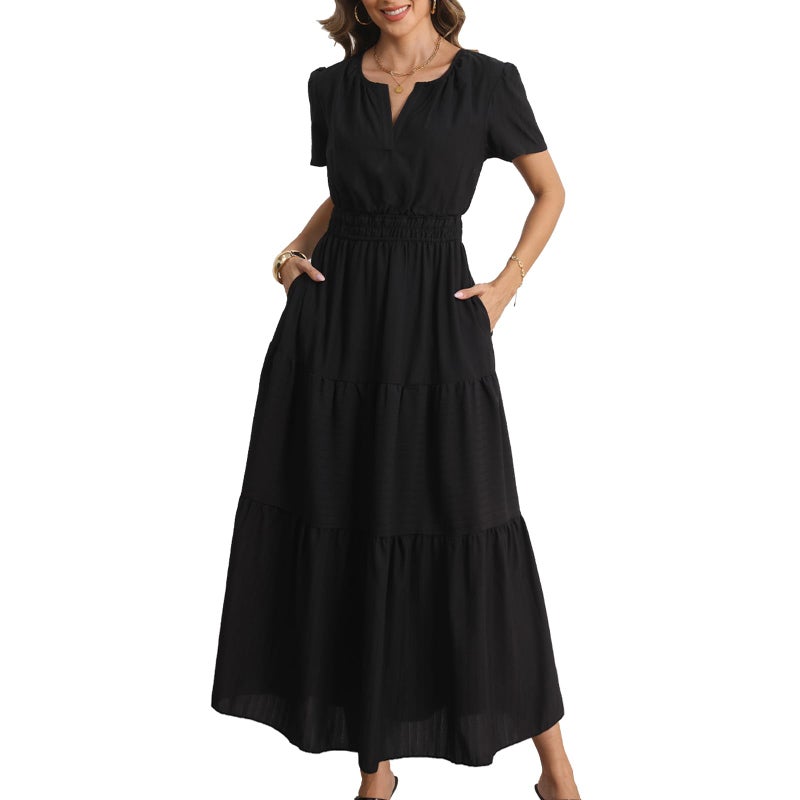 Rainday Womens Casual Maxi Dresses Fashion Holiday Short Sleeved Elastic Waist Beach Boho Dress with Pockets(Z3918BK,2XL) - Image 1