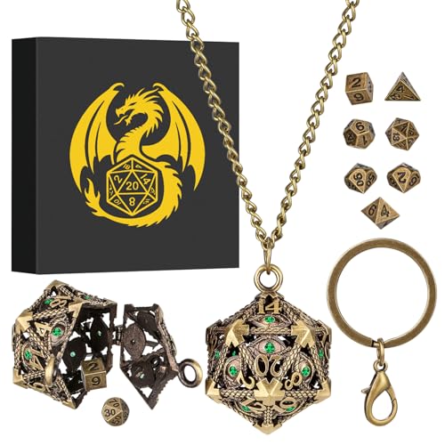 Keller & Weber Mini DND Dice Set with Hollow D20 Metal Case Portable Keychain Necklace Tiny 7pcs Polyhedral DD Dice Set DND Gifts with Gift Box DD Accessories for RPGGreen Diamond Bronze - Image 1