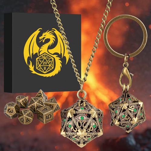 Keller & Weber Mini DND Dice Set with Hollow D20 Metal Case Portable Keychain Necklace Tiny 7pcs Polyhedral DD Dice Set DND Gifts with Gift Box DD Accessories for RPGGreen Diamond Bronze - Image 5