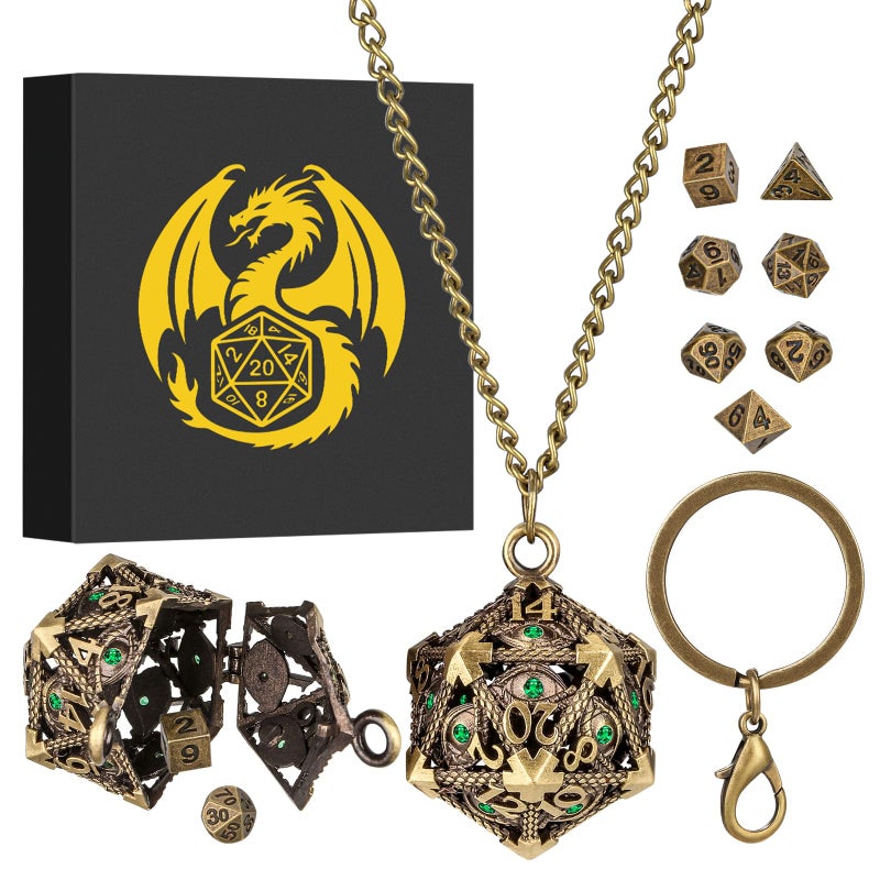 Keller & Weber Mini DND Dice Set with Hollow D20 Metal Case Portable Keychain Necklace Tiny 7pcs Polyhedral DD Dice Set DND Gifts with Gift Box DD Accessories for RPGGreen Diamond Bronze - Image 3