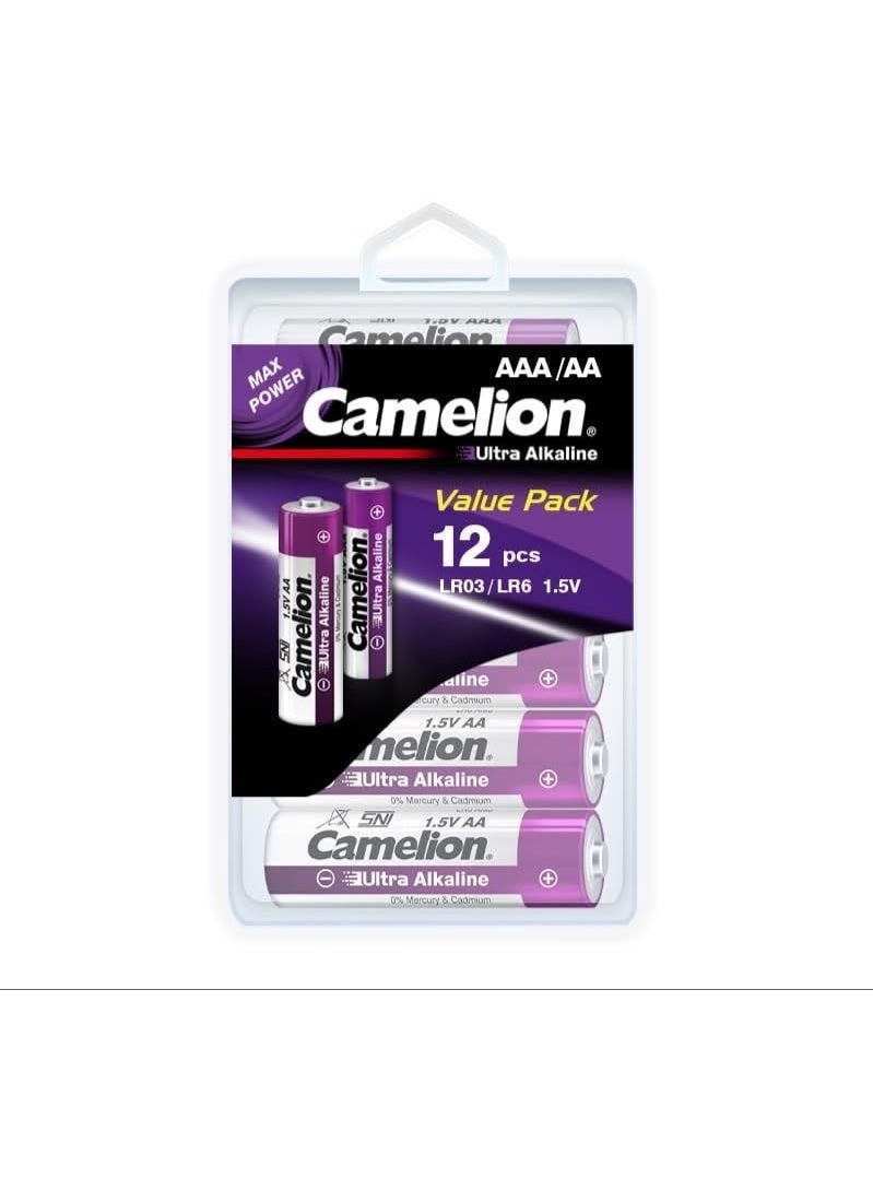 كاميليون Camelion Ultra Alkaline AA & AAA Batteries Combo Pack, 12-Pack Value Pack (6 AA + 6 AAA), LR6/LR03 1.5V Long Lasting Batteries, Leak-Proof, 10-Year Shelf Life, Mercury & Cadmium Free - Image 1