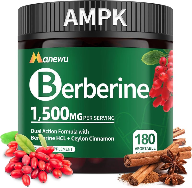 Manewu Organic Berberine Supplement  180 Count Berberine with Ceylon Cinnamon  Citrus Bergamot for WeGHT Health Gut Health  Immune Support Berberine 1500mg Complex 3Month Supply - Image 1