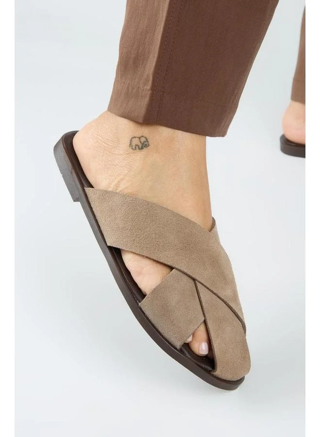 Olenka Women's Genuine Leather Patch Sabot Beige Slipper.