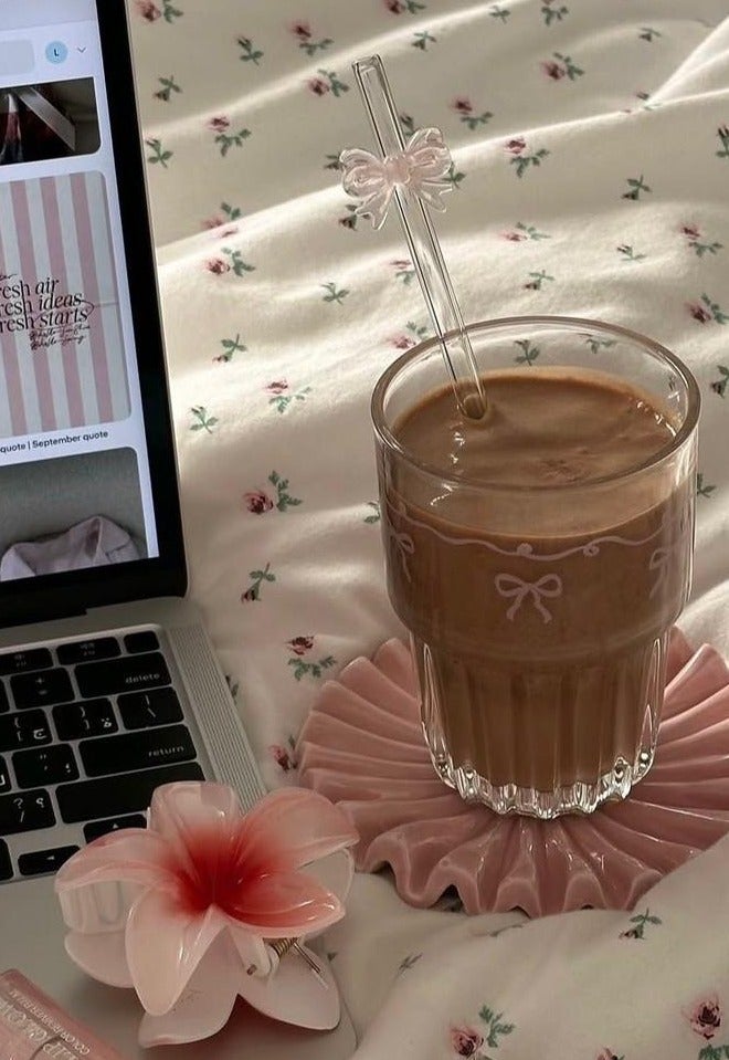 Coffee, matcha, and juice mug, 380ml, bow pattern - Image 3