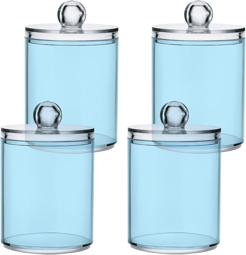 Eionryn Light Blue Qtip Dispenser Apothecary Jars Bathroom Qtip Holder Storage Canister 10 Oz Plastic Jar for Cotton Ball Swab Round Pads Floss 4pcs - Image 1