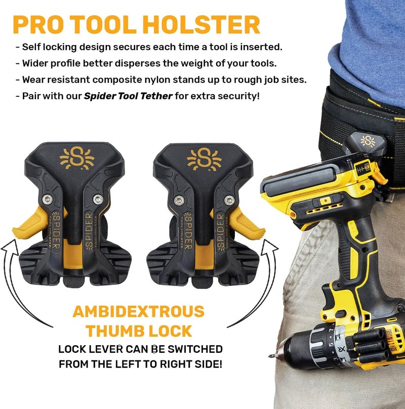 SPIDER Tool Holster - Pro Tape Measure + Hammer Holster Kit - Upgraded, Self Locking, Quick Draw Universal Tool Holder with Ambidextrous Thumb Lock - Compatible with All Major Brands - Image 2