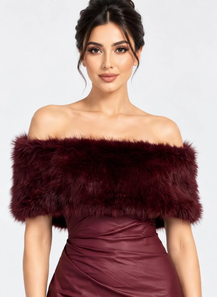 Opera Fashion Burgundy Stretch Leather Long Dress with Faux Fur Top