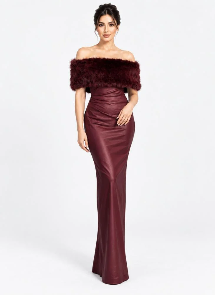 Opera Fashion Burgundy Stretch Leather Long Dress with Faux Fur Top