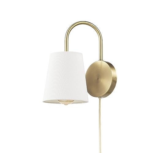 Globe Electric 65000053 1-Light Hardwire or Plug-in Wall Sconce, Matte Brass, White Textured Shade, Arched Arm, Lighting, Home Decor, Lights for Bedroom Plug in - Image 1