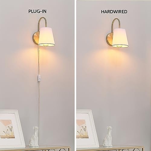 Globe Electric 65000053 1-Light Hardwire or Plug-in Wall Sconce, Matte Brass, White Textured Shade, Arched Arm, Lighting, Home Decor, Lights for Bedroom Plug in - Image 2