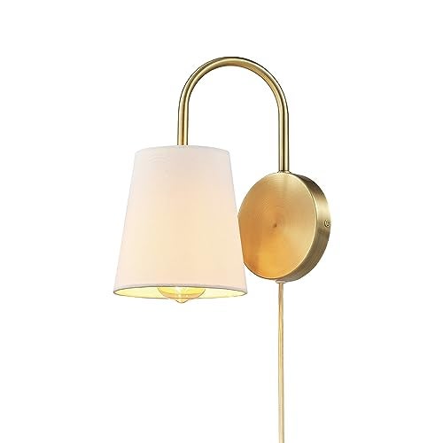 Globe Electric 65000053 1-Light Hardwire or Plug-in Wall Sconce, Matte Brass, White Textured Shade, Arched Arm, Lighting, Home Decor, Lights for Bedroom Plug in - Image 4