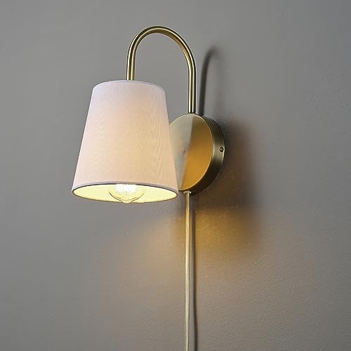 Globe Electric 65000053 1-Light Hardwire or Plug-in Wall Sconce, Matte Brass, White Textured Shade, Arched Arm, Lighting, Home Decor, Lights for Bedroom Plug in - Image 5
