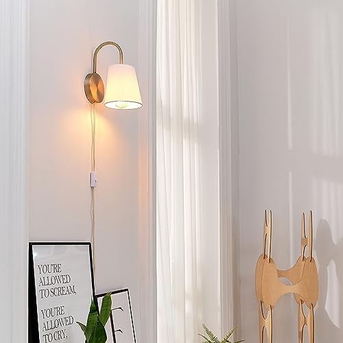 Globe Electric 65000053 1-Light Hardwire or Plug-in Wall Sconce, Matte Brass, White Textured Shade, Arched Arm, Lighting, Home Decor, Lights for Bedroom Plug in - Image 3