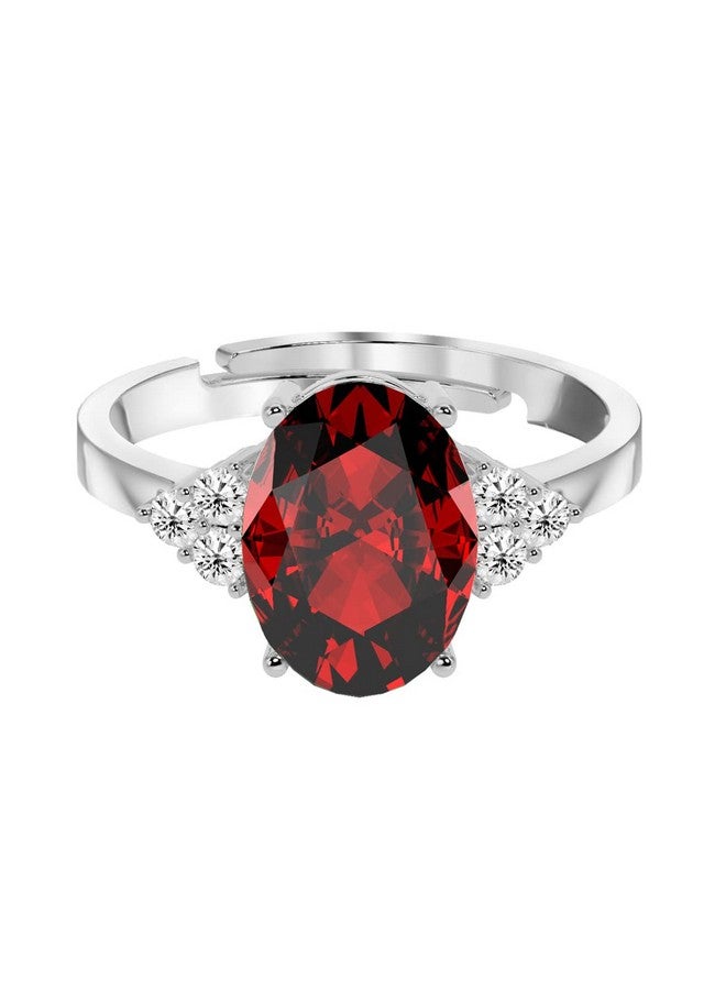 CLARA 925 Sterling Silver Blood Red Oval Ring with Adjustable Band | Rhodium Plated, Swiss Zirconia | Gift for Women & Girls - Image 1
