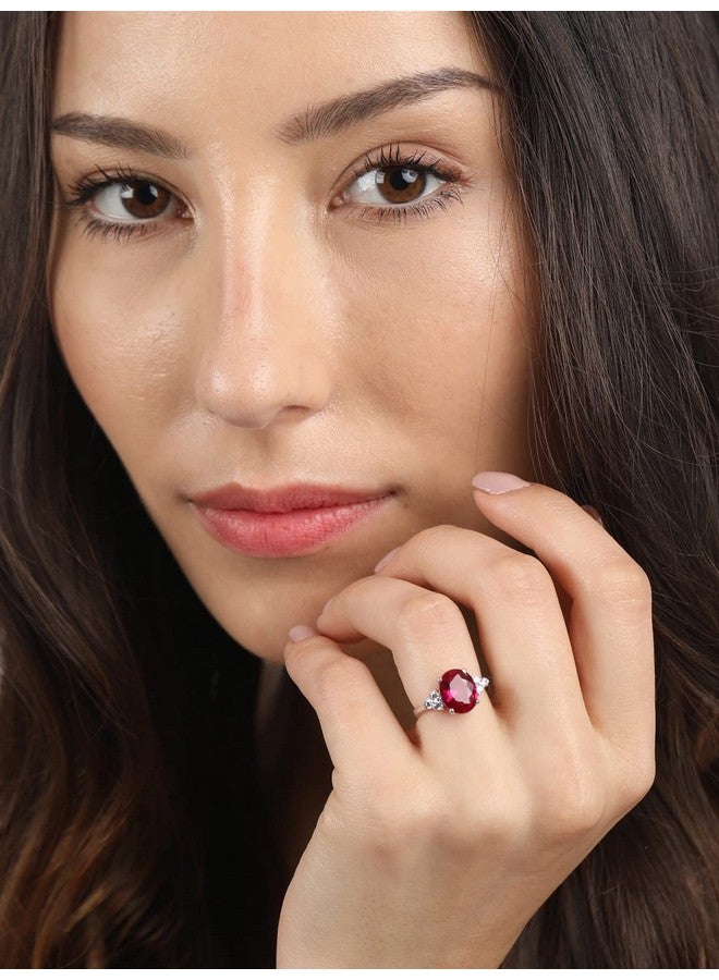 CLARA 925 Sterling Silver Blood Red Oval Ring with Adjustable Band | Rhodium Plated, Swiss Zirconia | Gift for Women & Girls - Image 3