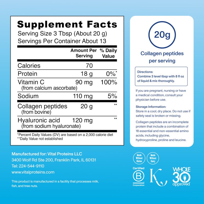 Vital Proteins Collagen Peptides Powder Advanced with Hyaluronic Acid & Vitamin C, Collagen Supplements, Unflavored, 13 Servings - Image 4
