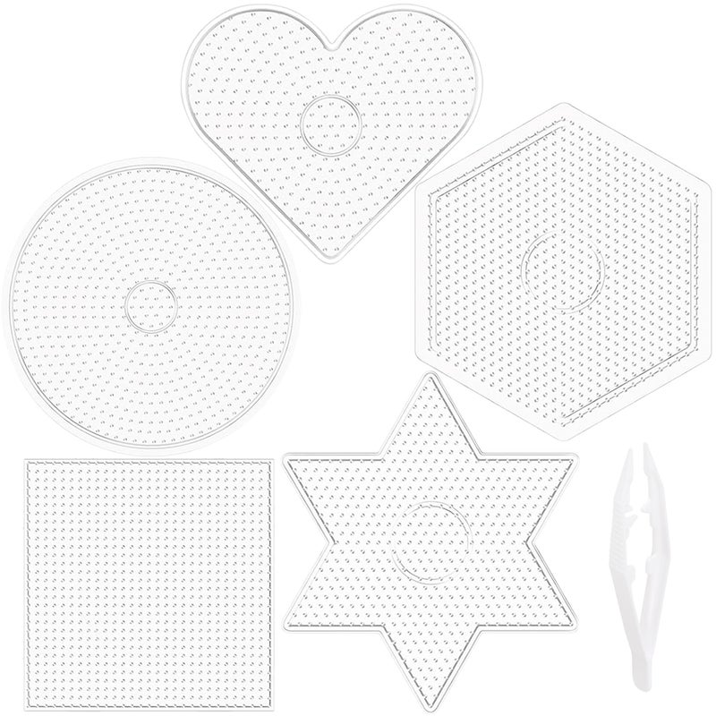 Darice Fuse Beads Pegboards 5pcs 5mm Melty Beads Peg Board Large Clear Plastic Boards Kit for Kids and Adults 55 Square Circle Heart Star Hexagon
