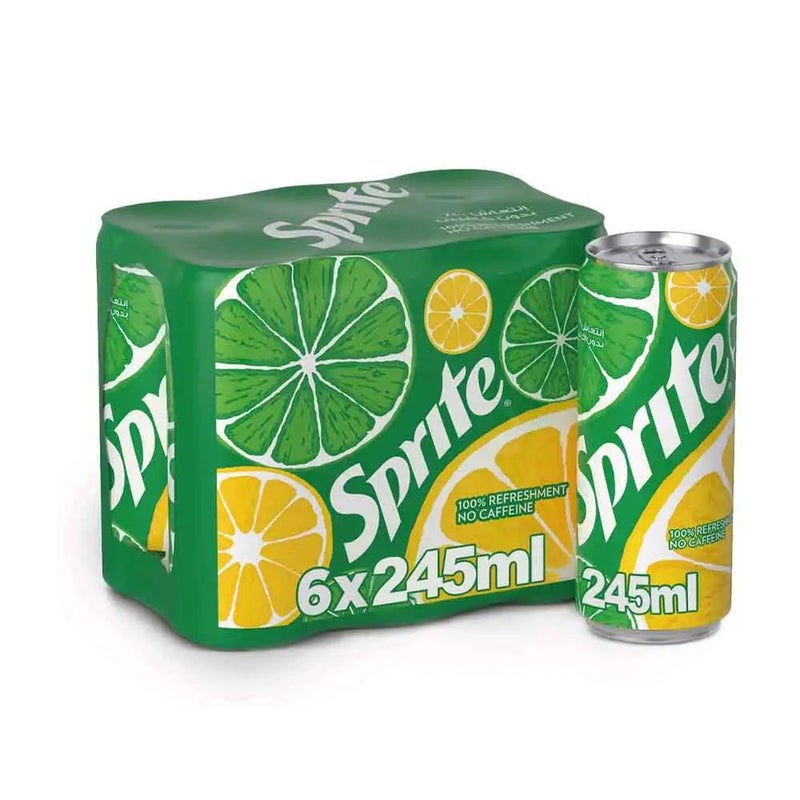 Sprite Carbonated Beverages Refreshment Drink, Without Caffeine Soft Drink Can, 6 X 245 ml