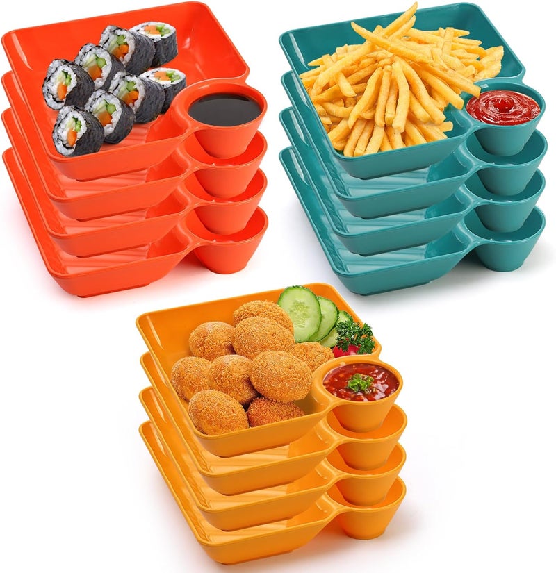 Lawei 12pcs Chip Dip Serving Platter Set Plastic Dumpling Plates with Sauce Compartment Square Serving Dish Sushi Plates Small Dip Tray for Appetizer Taco Salsa Fruit Charcuterie - Image 1