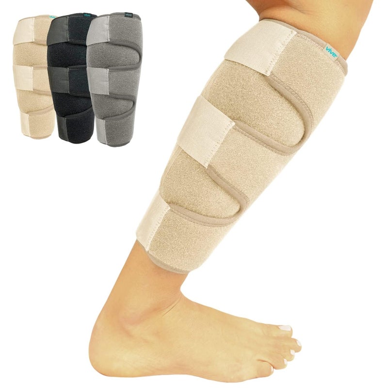 VIVE Calf Brace Adjustable Shin Splint Support Lower Leg Compression Wrap Increases Circulation Reduces Muscle Swelling Calf Sleeve for Men and Women Pain Relief Beige