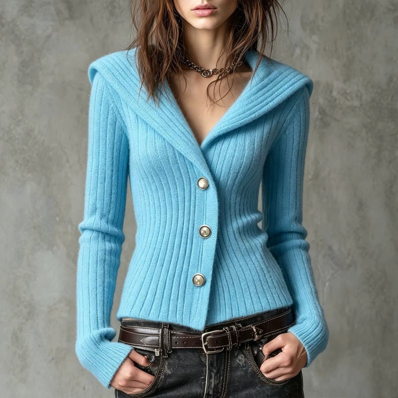 Women's V-Neck Ribbed Knit Long Sleeve Cardigan - Image 2