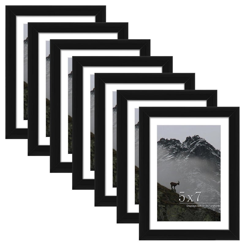 مجموعة إطارات صور بيكريت 5x7 عدد 7 عرض 5x7 مع مات أو 4x6 بدون مات إطارات صور للتعليق على الحائط أو العرض على الطاولة باللون الأسود